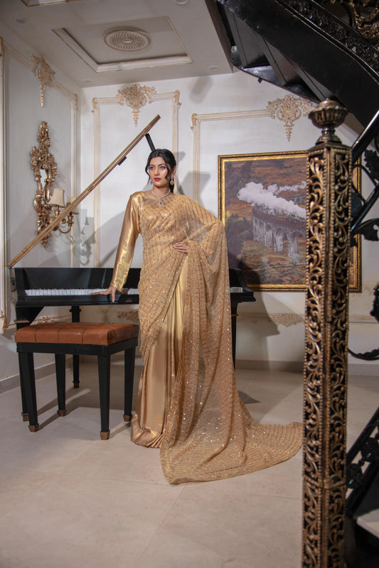 FALAK Gold Saree Chiffon